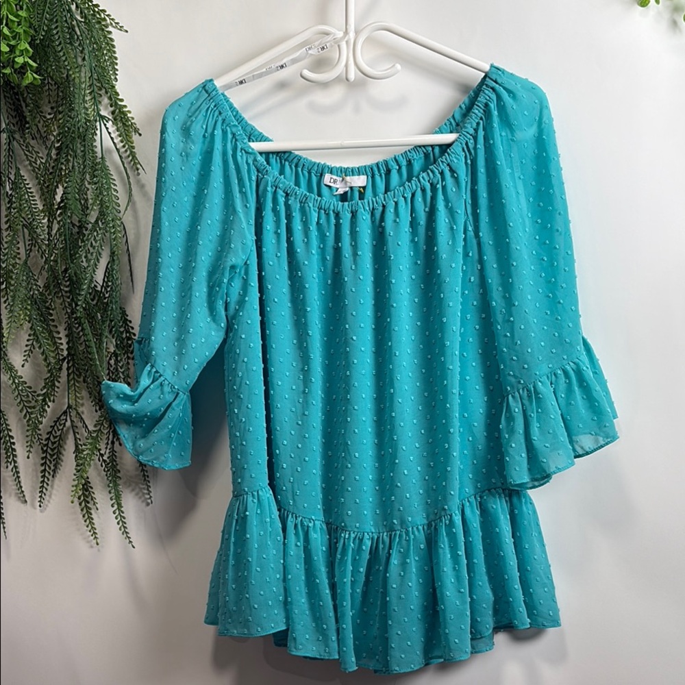 DR2 Blue Peplum Blouse with Ruffled 3/4 Sleeves